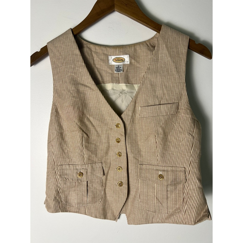 Vtg Talbots Vest Wm 4 Tan Striped Cotton‎ Linen Preppy Academia Corporate Granny